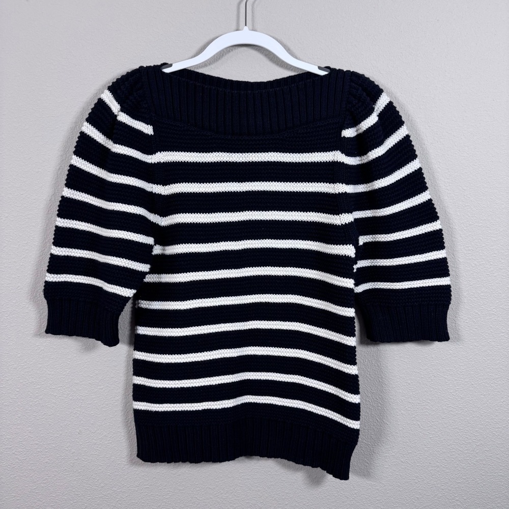 La Vie Rebecca Taylor Striped Puff Sleeve Sweater Navy White Cotton Wool Blend L